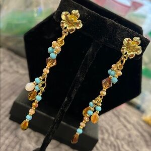 Turquoise Blue & Brown Topaz Crystals Long Dangle Earrings-NWT